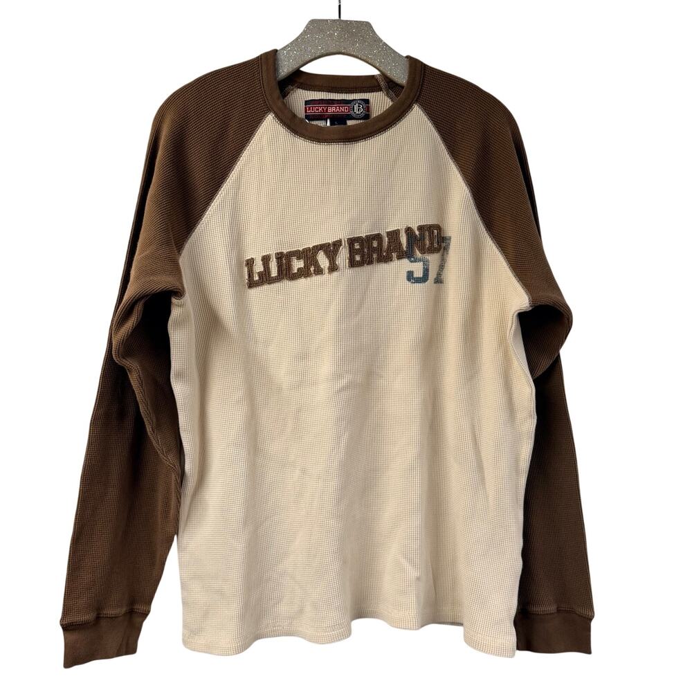 Lucky Brand Thermal Long Sleeve Shirt Large Brown Cream Y2K